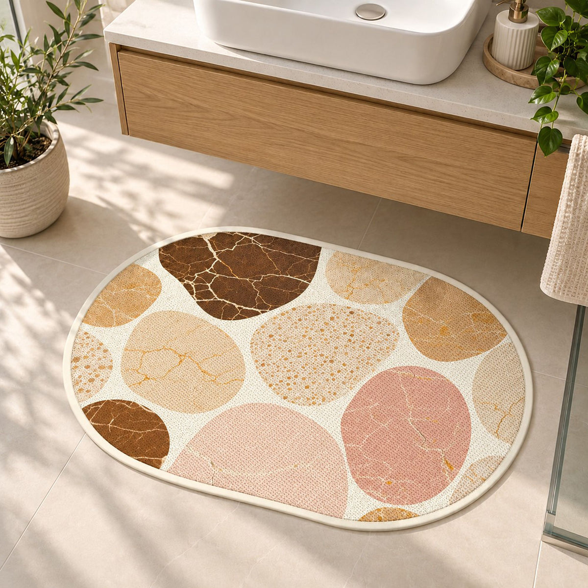Oval Absorbent Bath Mat with Abstract Stone Print