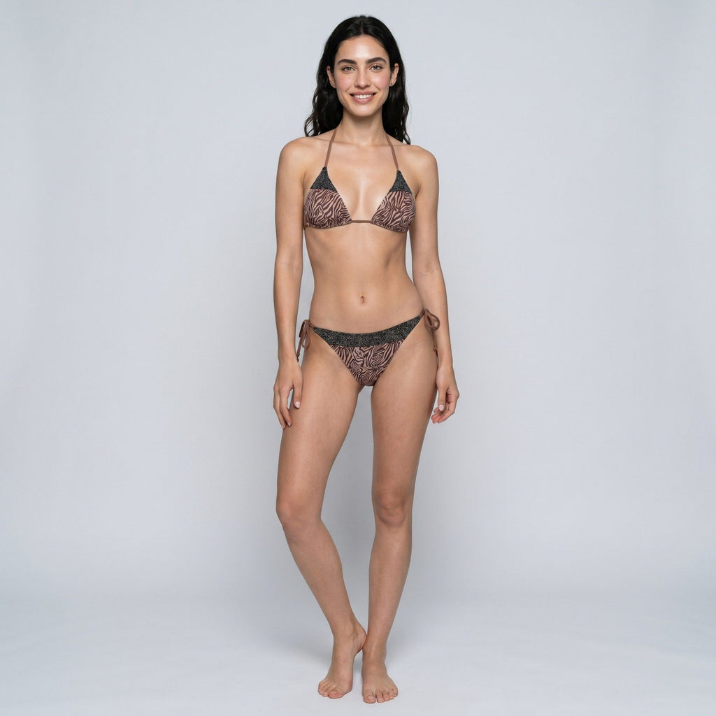 2-Piece Animal Print Triangle Bikini Swimsuit with Halter Tie Top Shimmer Trim and Side Tie Bottoms