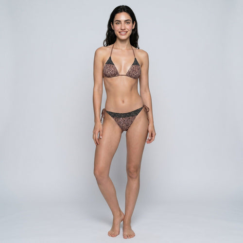 2-Piece Animal Print Triangle Bikini Swimsuit with Halter Tie Top Shimmer Trim and Side Tie Bottoms