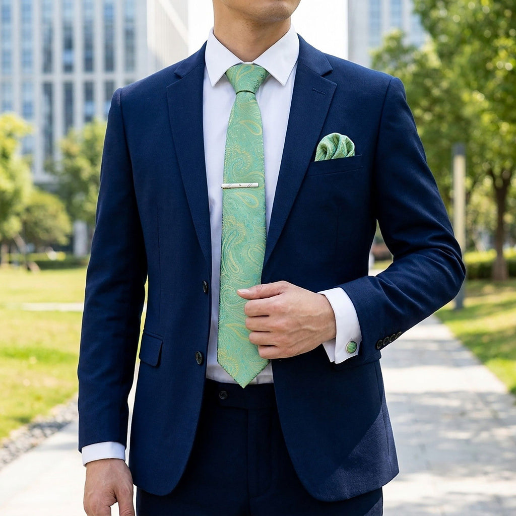 Men's Baroque Floral Tie Gift Set with Matching Pocket Square Cufflinks and Silver Tie Clip