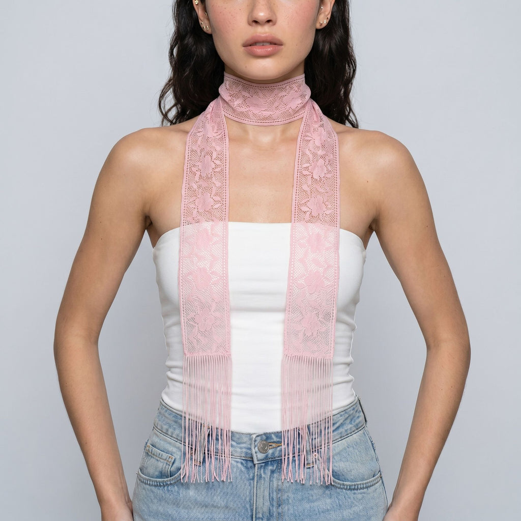 Lace Skinny Scarf with Floral Pattern Fringe Trim and Long Neck Tie Design