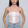 Lace Skinny Scarf with Floral Pattern Fringe Trim and Long Neck Tie Design