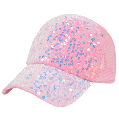 Anna-Kaci Women's Sparkly Sequin Baseball Cap Messy Low Bun Ponycap Velvet Mesh Trucker Hat