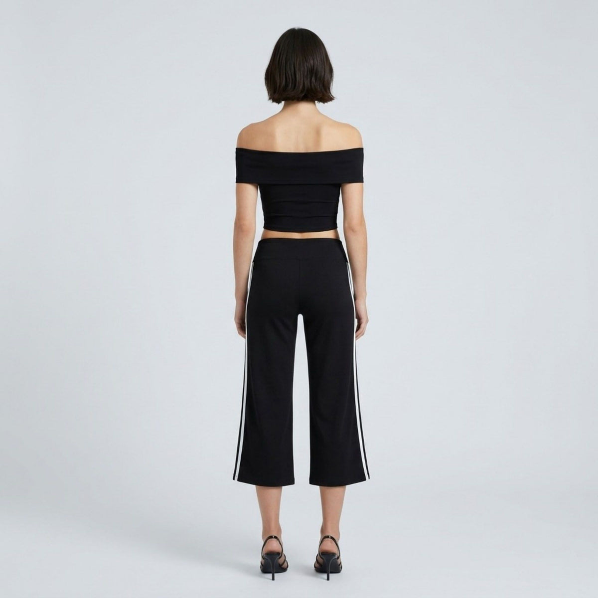 Crossover Waistband Side-Stripe Cropped Wide-Leg Trousers