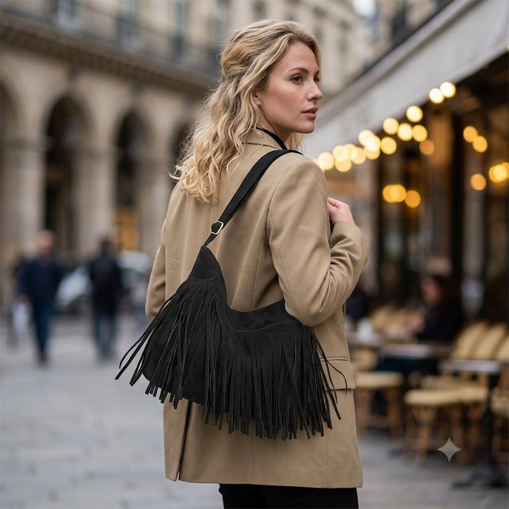 Women's Suede Look Fringe Crossbody Shoulder Bag with Adjustable Strap