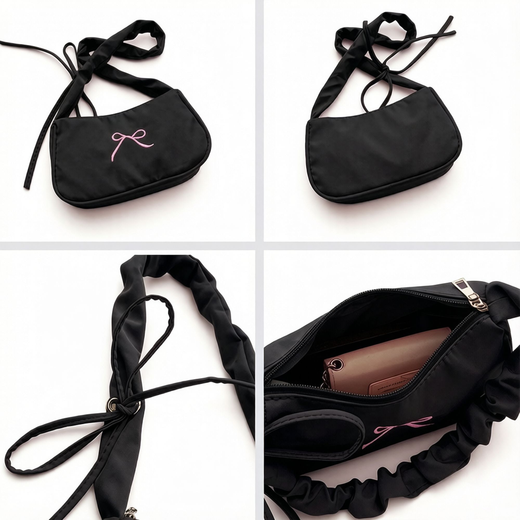 Small Bow Embroidered Shoulder Bag with Ruched Strap and Zip Closure