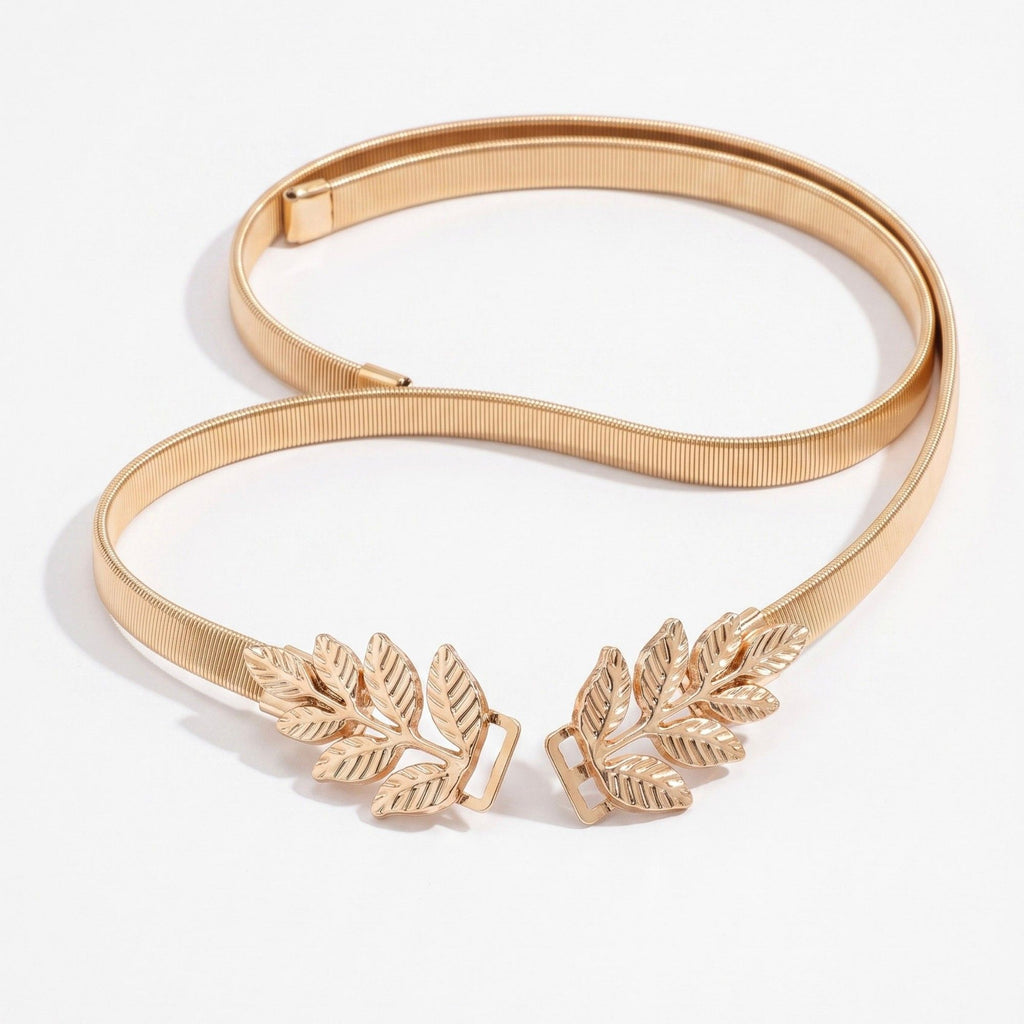 Dual Leaf Elastic Metal Waist Belt Adjustable Minimalist Leaf Waist Jewelry 47.2in