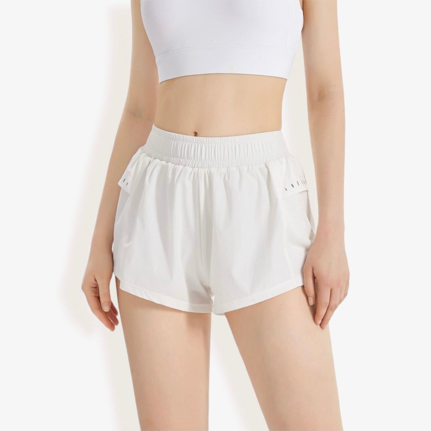 High Waist Athletic Shorts with Mesh Panels and Elastic Waistband