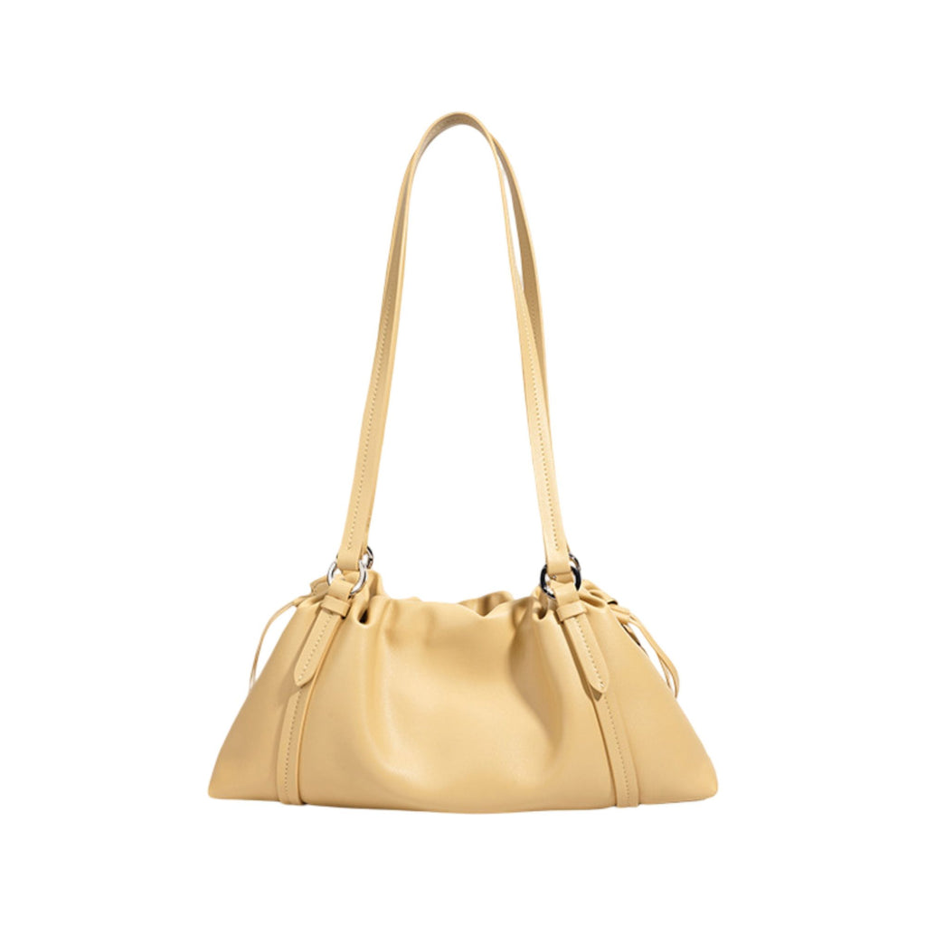 Woven Leather Shoulder Satchel with Ruched Top Detail Long Straps and Slouchy Shape