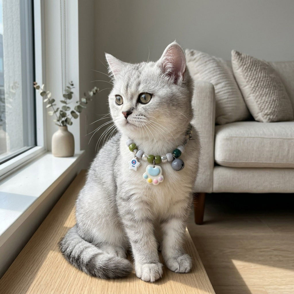 Adjustable Pet Collar with Bell Paw Charm Beaded Necklace Colorful Decorative Collar for Cats and Small Dogs