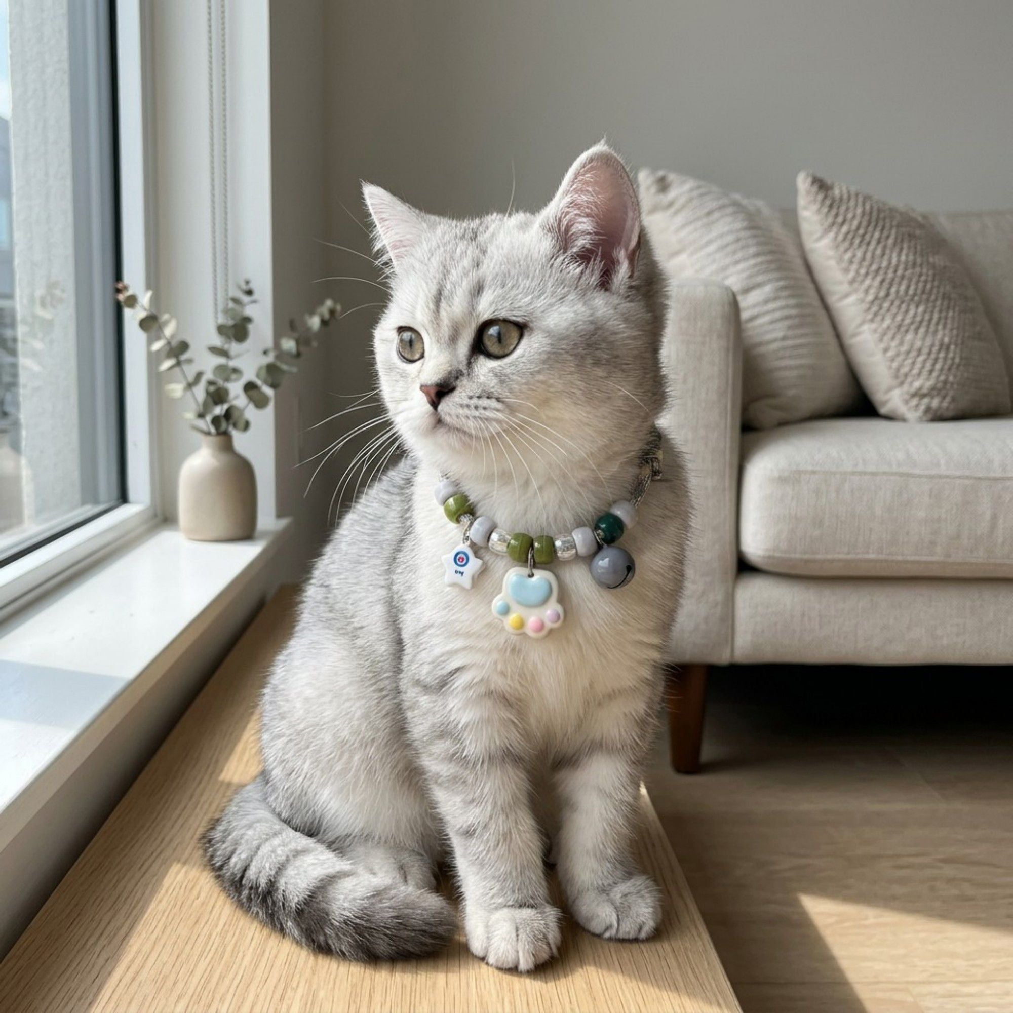 Adjustable Pet Collar with Bell Paw Charm Beaded Necklace Colorful Decorative Collar for Cats and Small Dogs