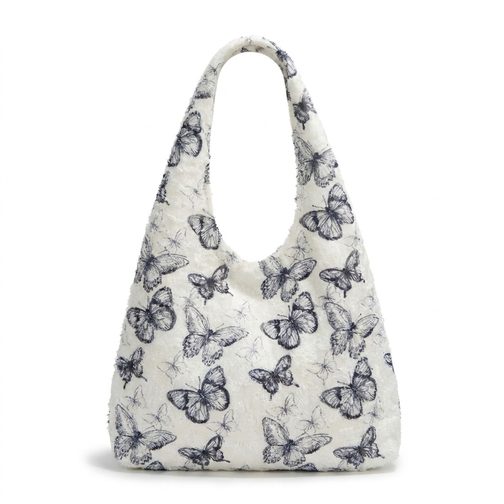 Butterfly Print Hobo Tote Bag with Lace Texture and Shoulder Handle