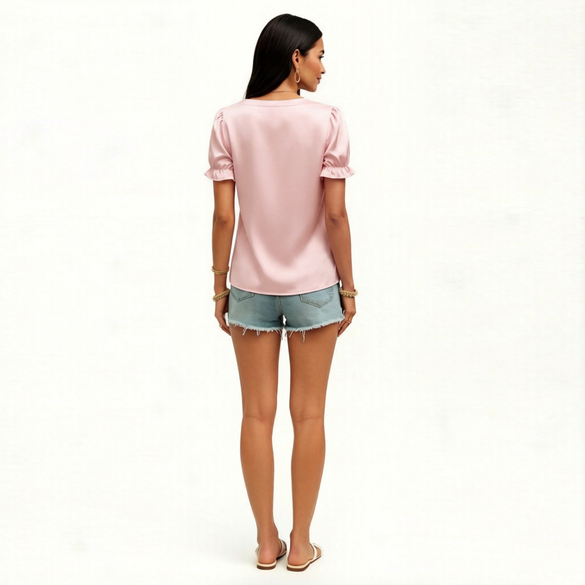 Anna-Kaci Women's Satin Faux Pearl Neck Top with Puff Sleeves and Smooth Draped Finish