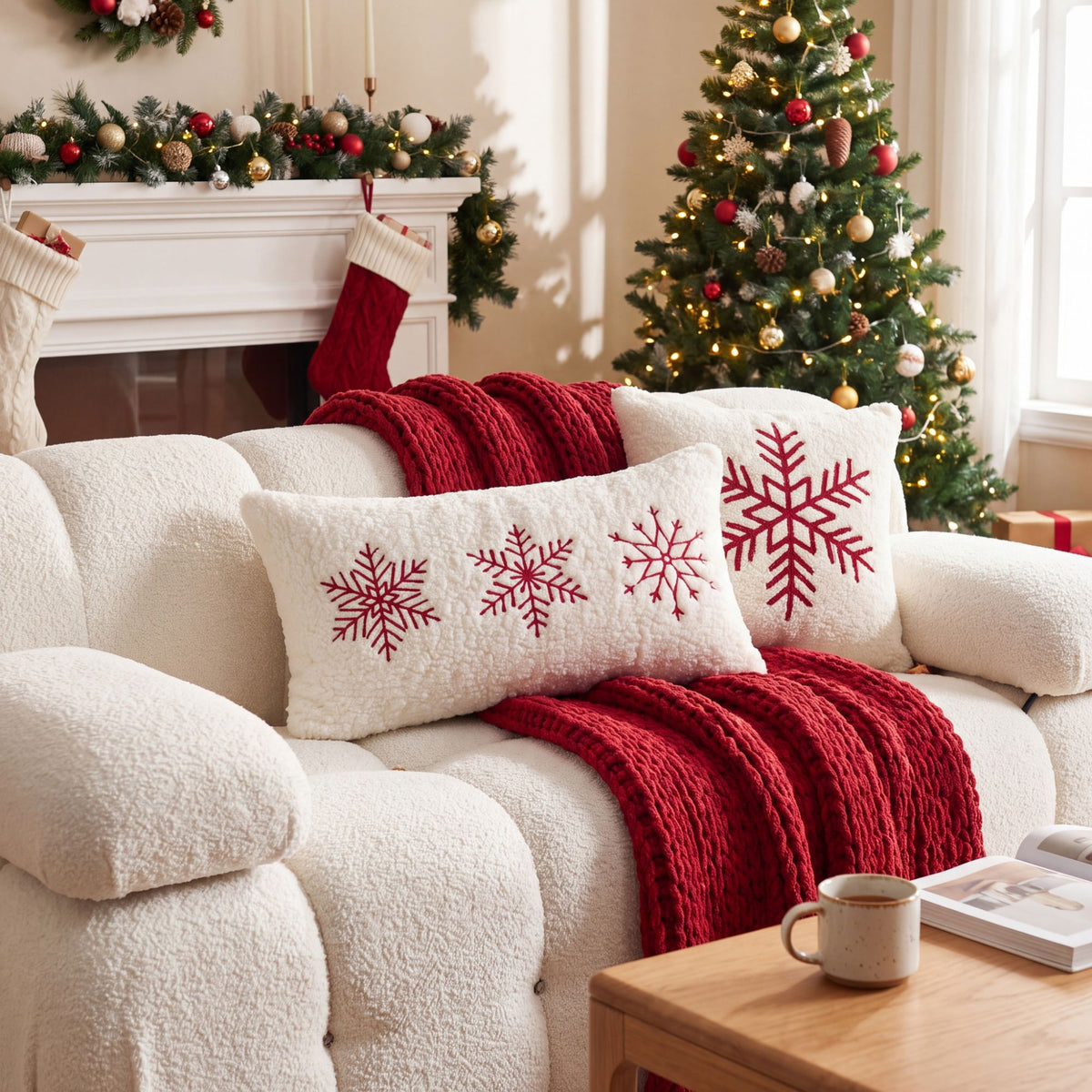 Christmas Plush Textured Lumbar Pillow Cover Gingerbread Snowflake Holiday Decor for Sofa Bed