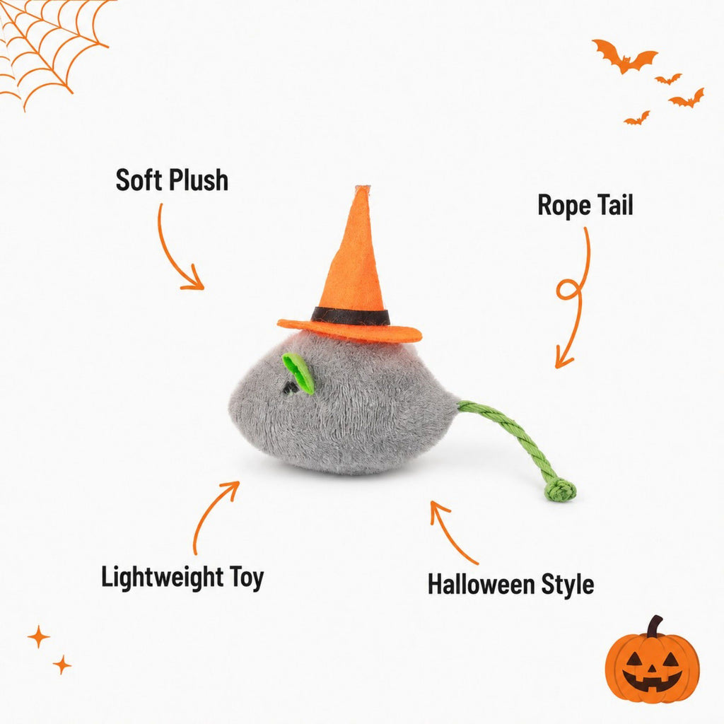 Halloween Witch Mouse Cat Toy with Soft Plush Body and Rope Tail