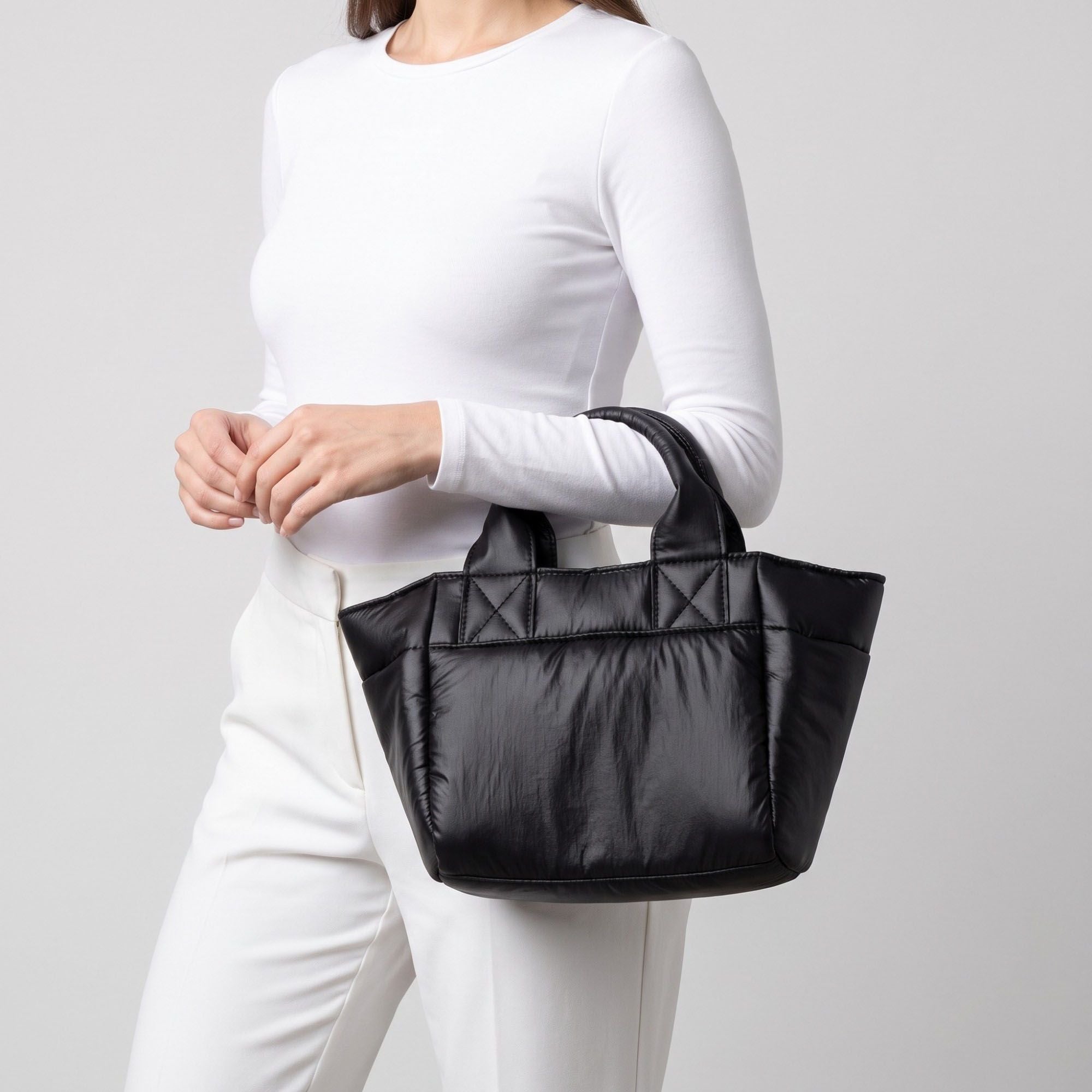 Padded Puffer Tote Bag with Rounded Top Handles and Exterior Front Pocket 13x6.5x4in