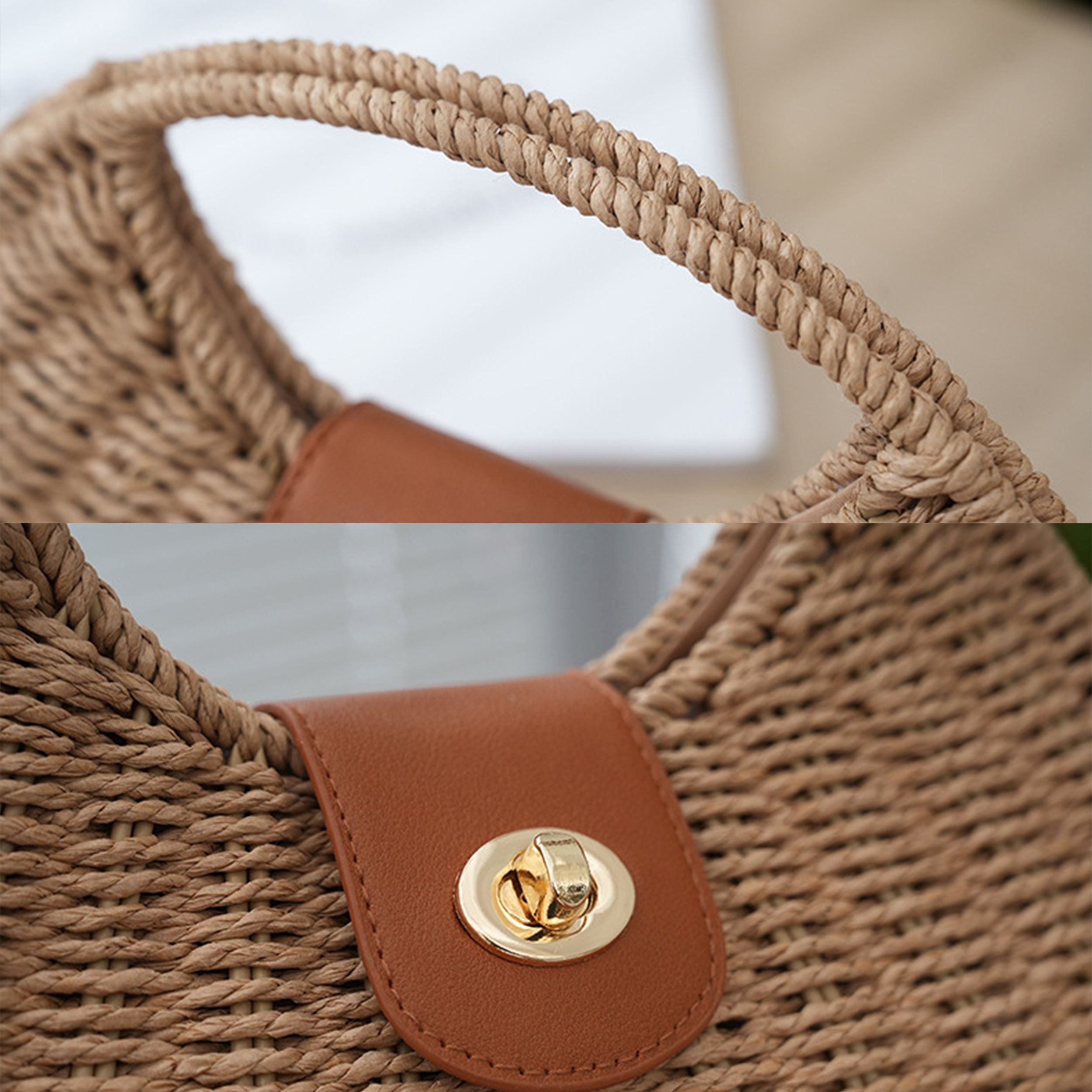 Woven Straw Crossbody Bag with Top Handle Adjustable Strap Crochet Handbag