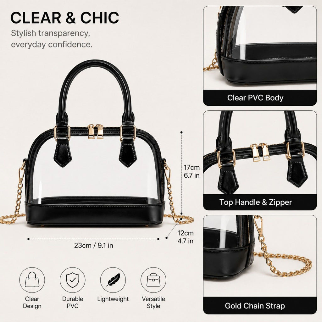 Clear PVC Mini Satchel Bag with Zipper Top and Detachable Chain Strap