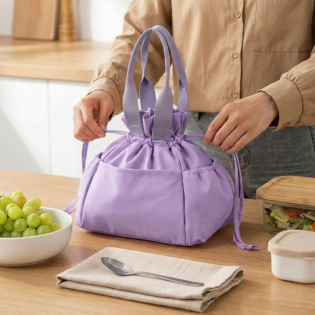 Anna-Kaci Reusable Lunch Bag with Drawstring Closure and Front Pocket Lightweight Thermal Food Tote