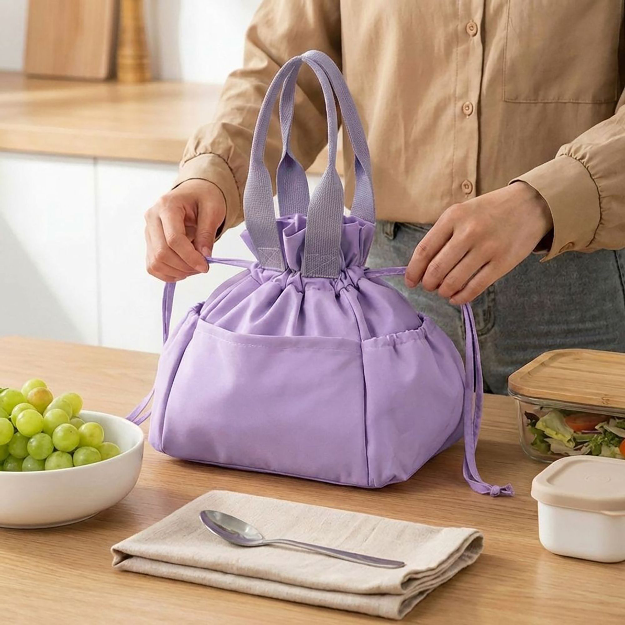 Anna-Kaci Reusable Lunch Bag with Drawstring Closure and Front Pocket Lightweight Thermal Food Tote