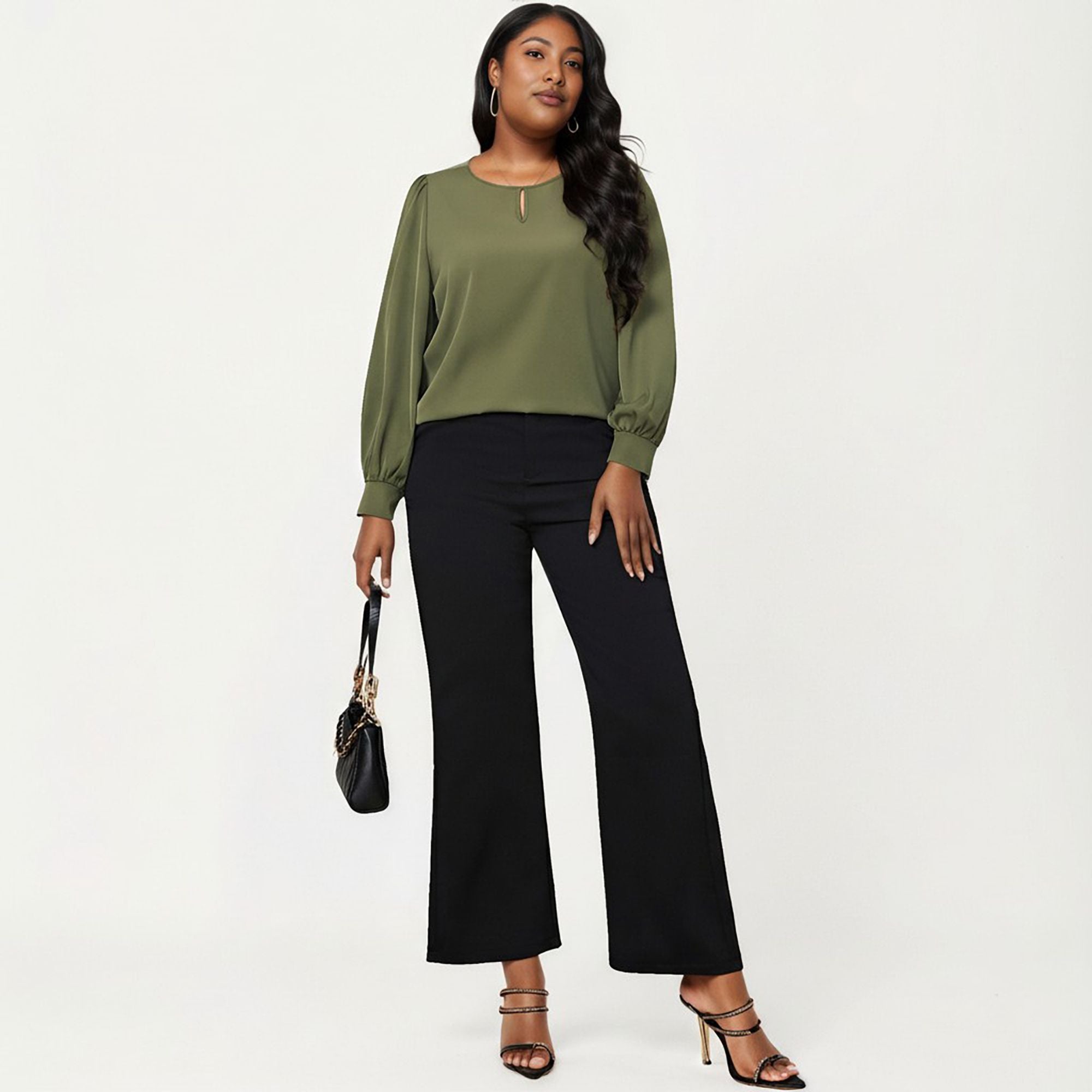 Anna-Kaci Women's Plus Size Long Sleeve Keyhole Neck Pullover Blouse with Soft Draped Fabric and Relaxed Fit