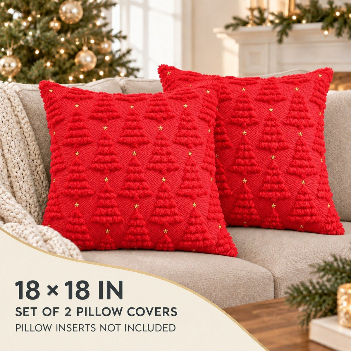 2 Pack Plush Textured Christmas Tree Throw Pillow Covers 18 x 18 Inch Holiday Decor