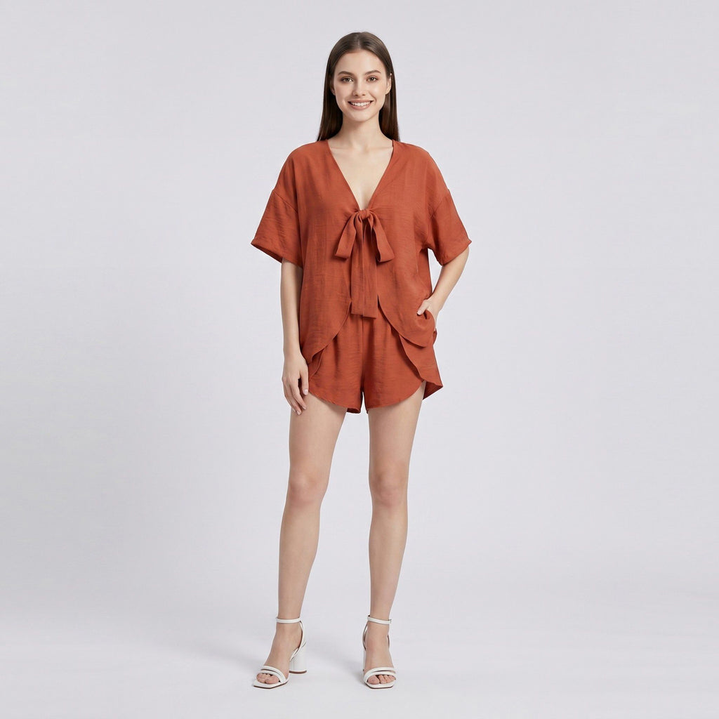 2-Piece Summer Lounge Set with Tie-Front V-Neck Top Short Sleeves and Curved Hem Shorts
