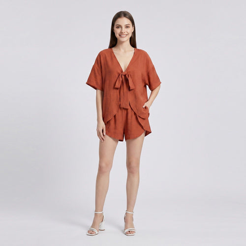 2-Piece Summer Lounge Set with Tie-Front V-Neck Top Short Sleeves and Curved Hem Shorts