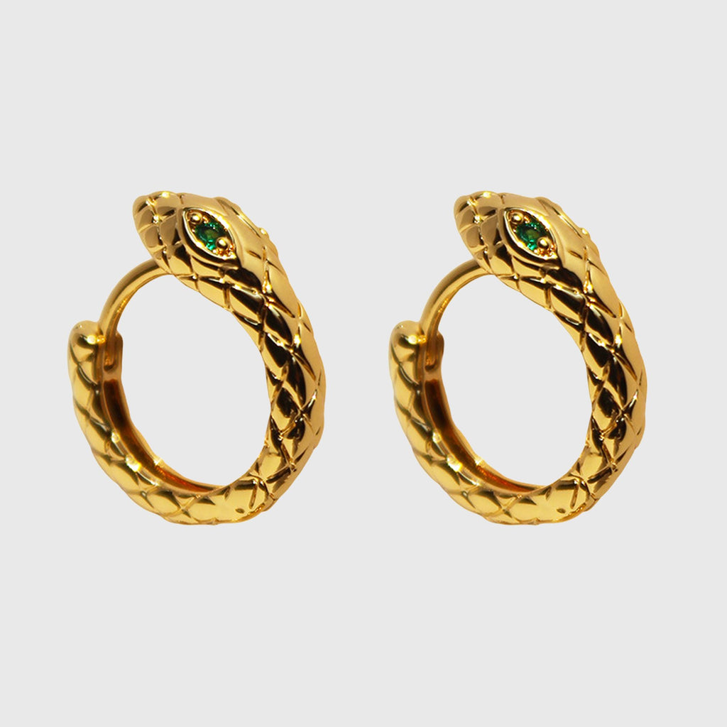 Snake-Shaped Hoop Earrings with Green Gem Eyes
