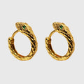Snake-Shaped Hoop Earrings with Green Gem Eyes