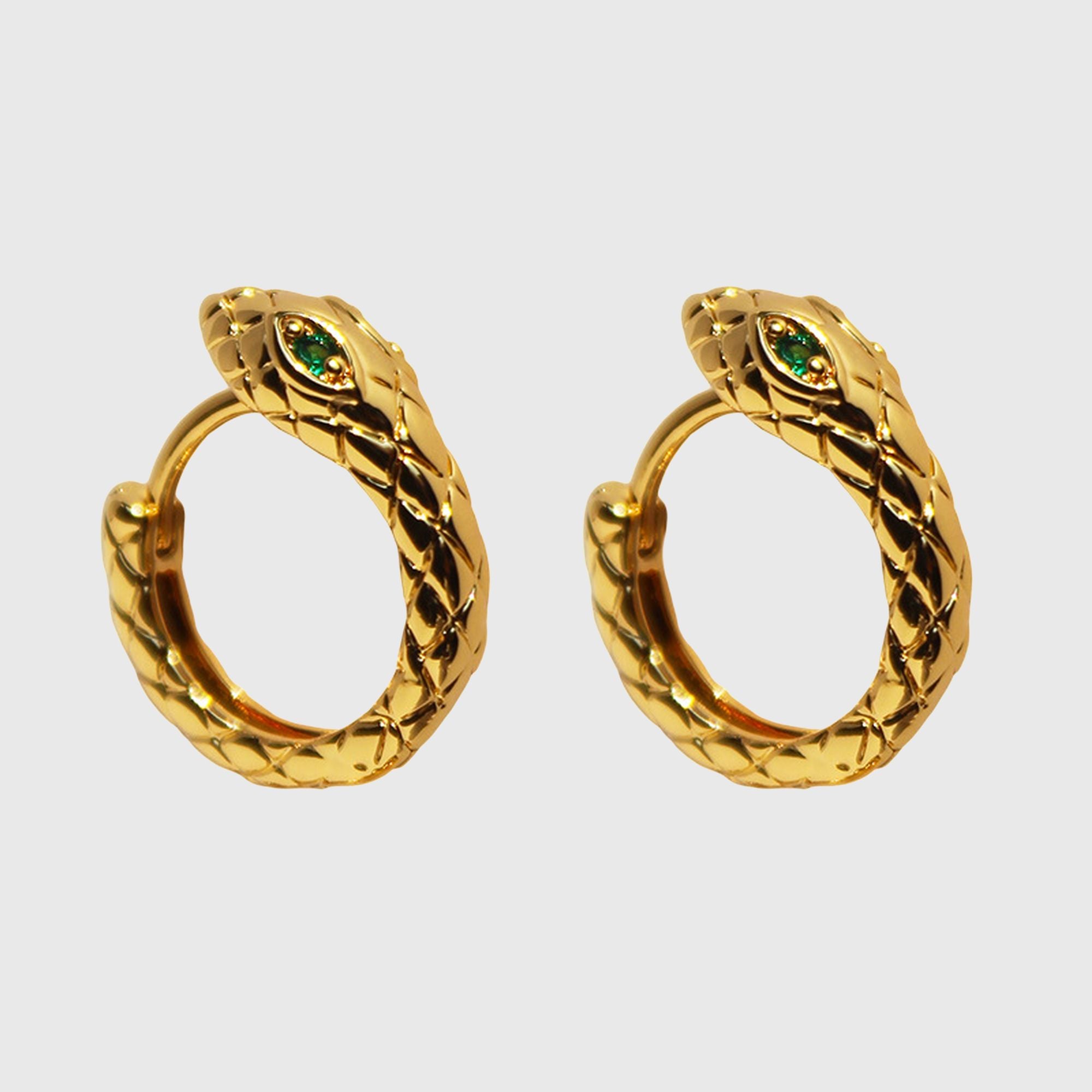 Snake-Shaped Hoop Earrings with Green Gem Eyes