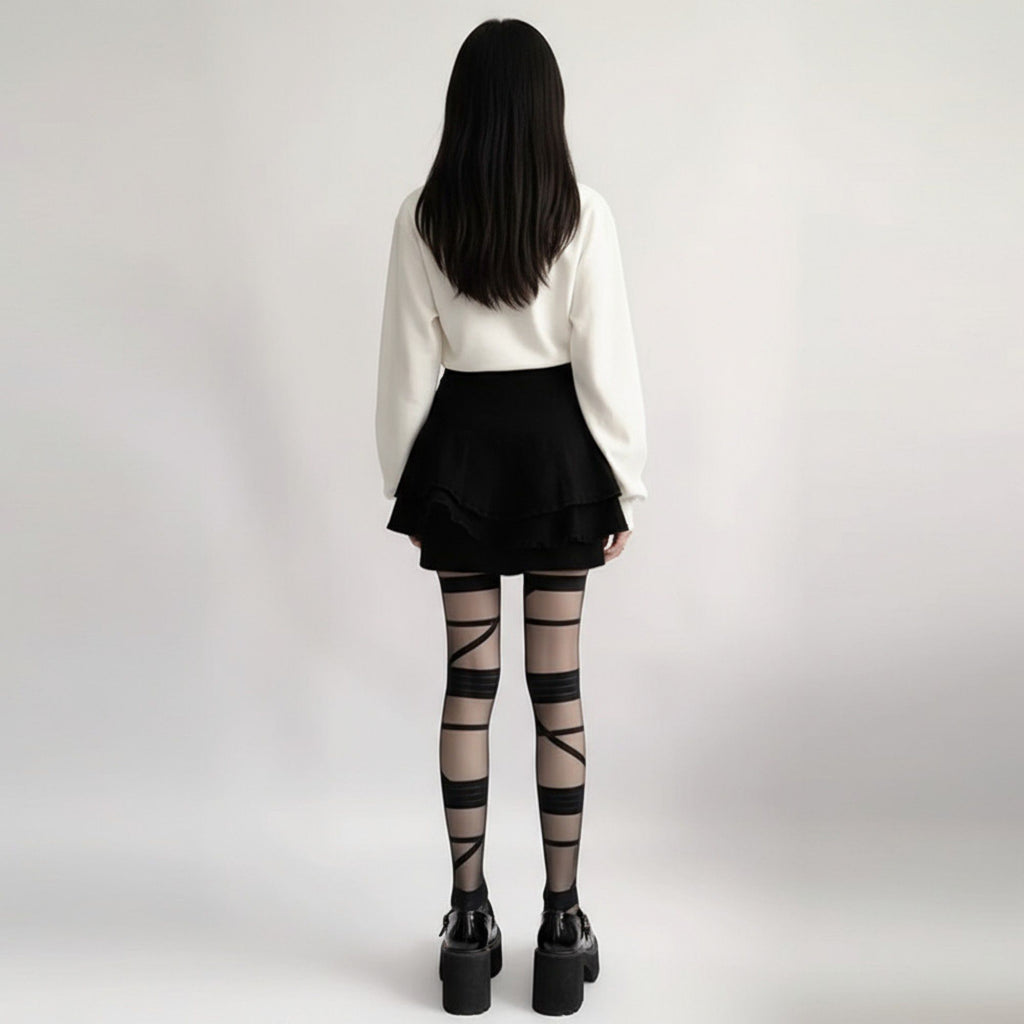 Anna-Kaci Women's Sheer Tights with Wrapped Ribbon Illusion and Gothic Layered Design