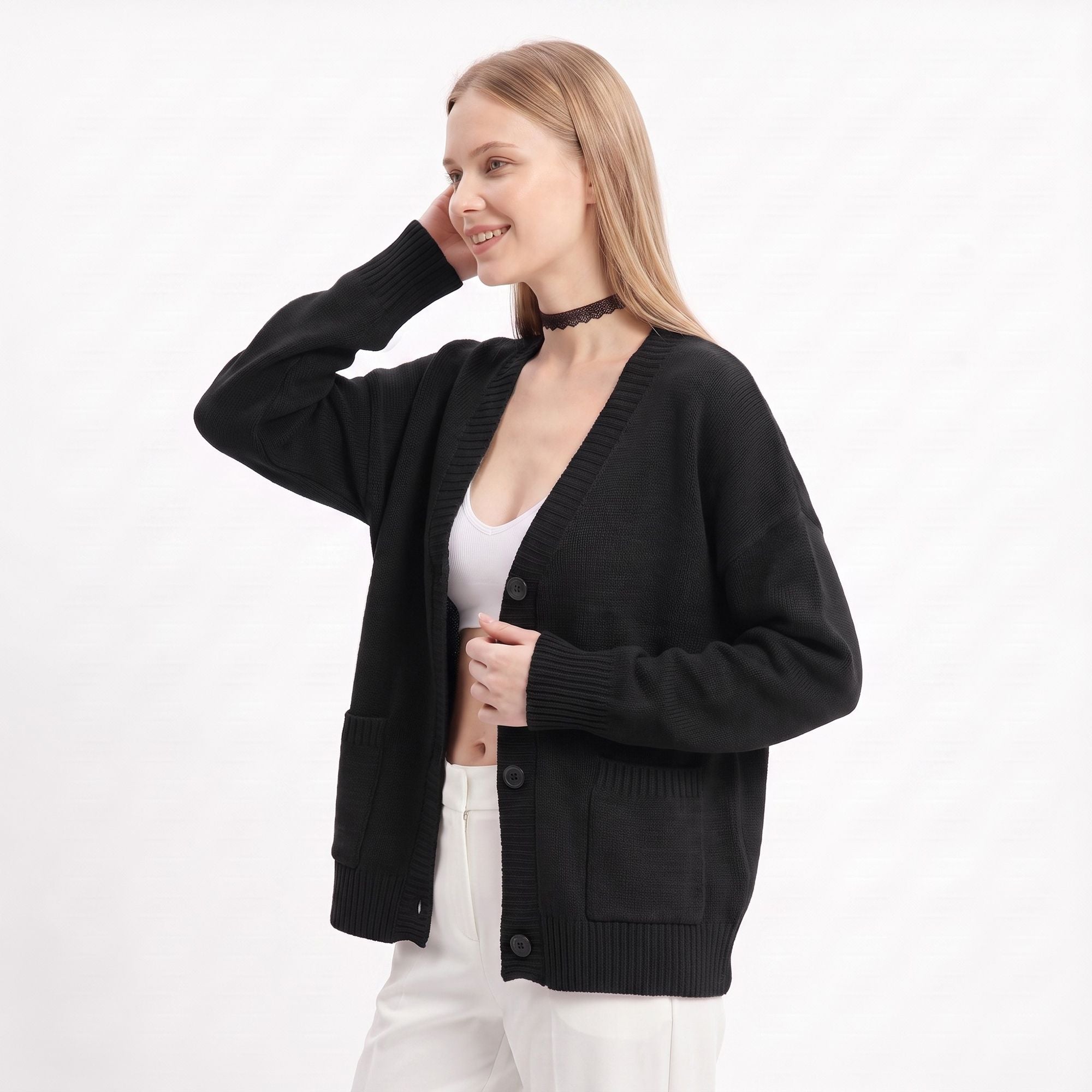 Oversized V Neck Button Front Cardigan with Pockets