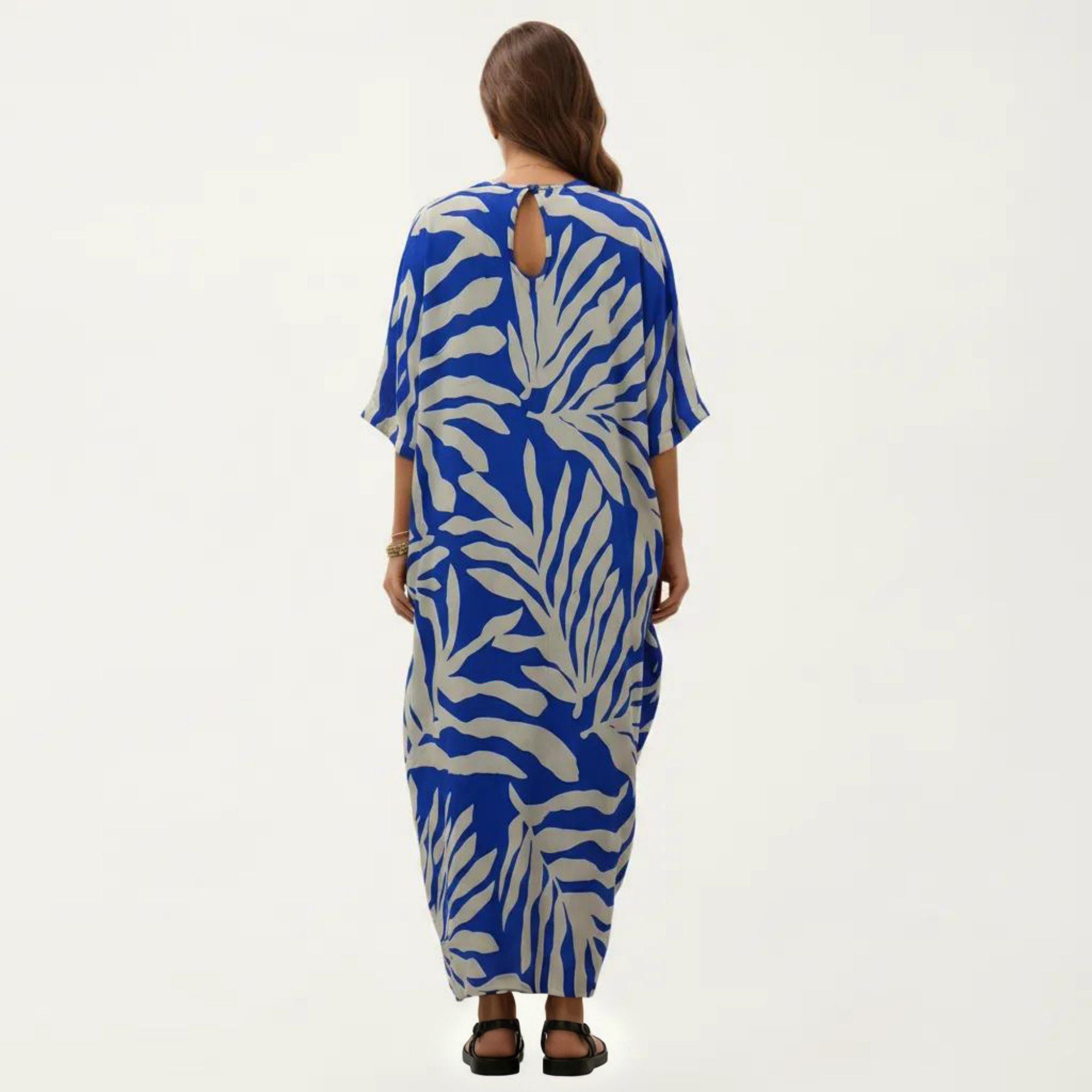 Anna-Kaci Women's Tropical Leaf Print Kaftan Maxi Dress with V-Neckline and Flowy Oversized Silhouette