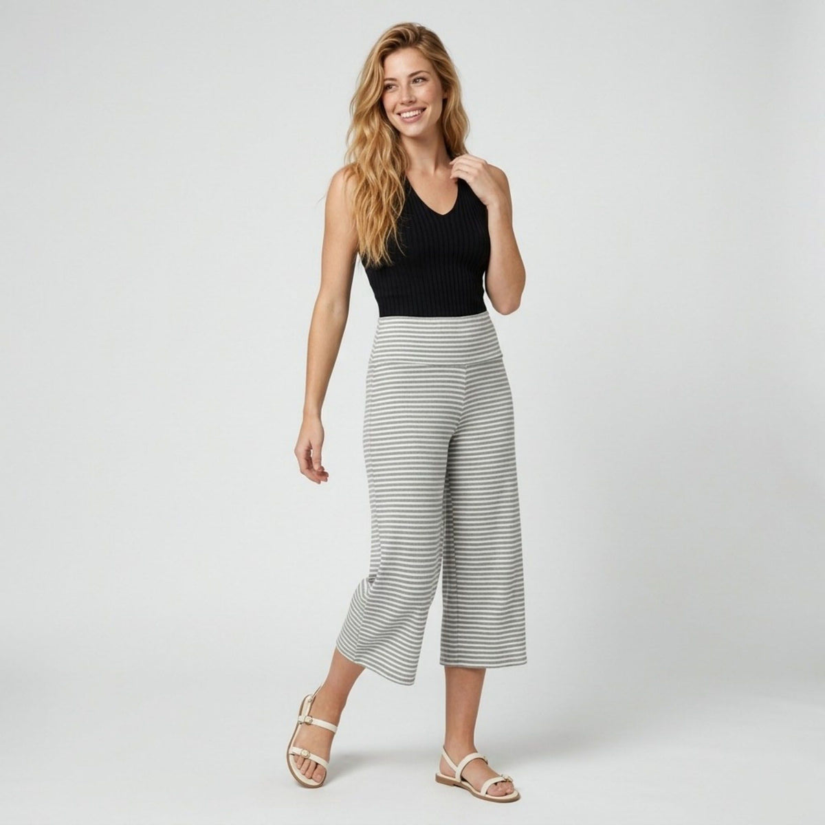 Foldover Waistband Striped Cropped Wide-Leg Trousers