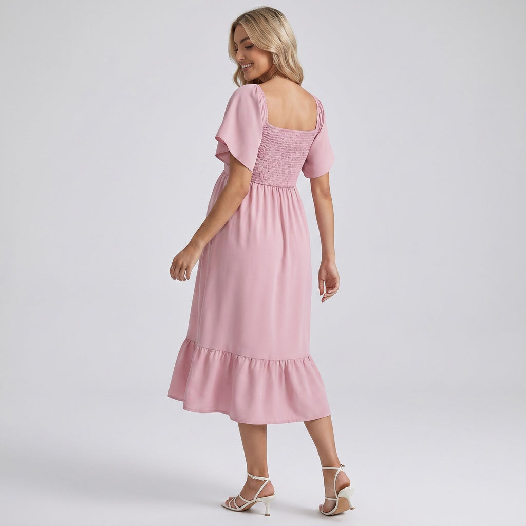 Maternity Off Shoulder Smocked Maxi Dress with Short Sleeves and Flowy Skirt