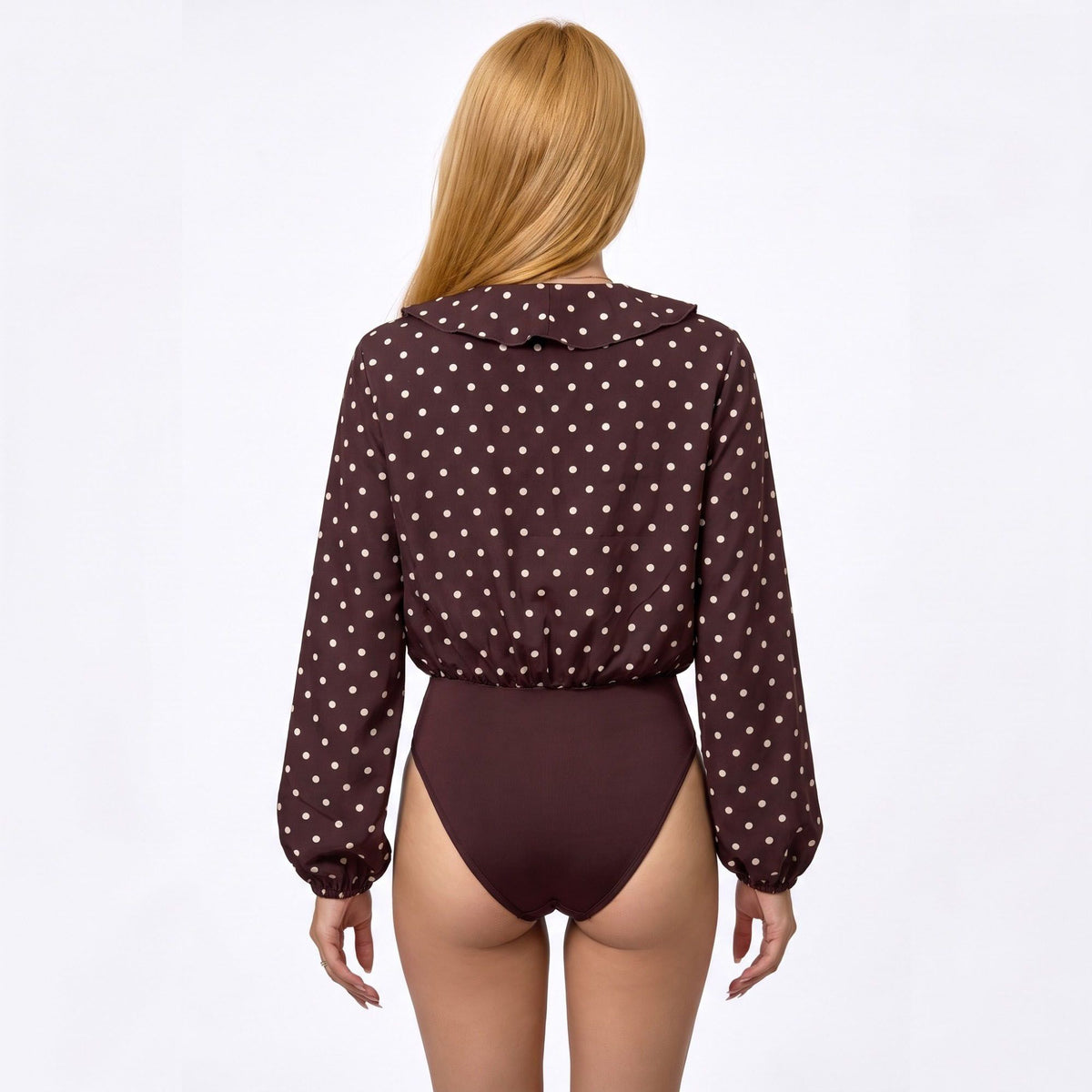Polka Dot Ruffle V Neck Long Sleeve Blouson Bodysuit