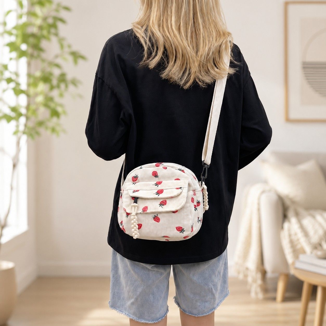 Strawberry Print Corduroy Crossbody Bag with Front Pocket and Adjustable Strap