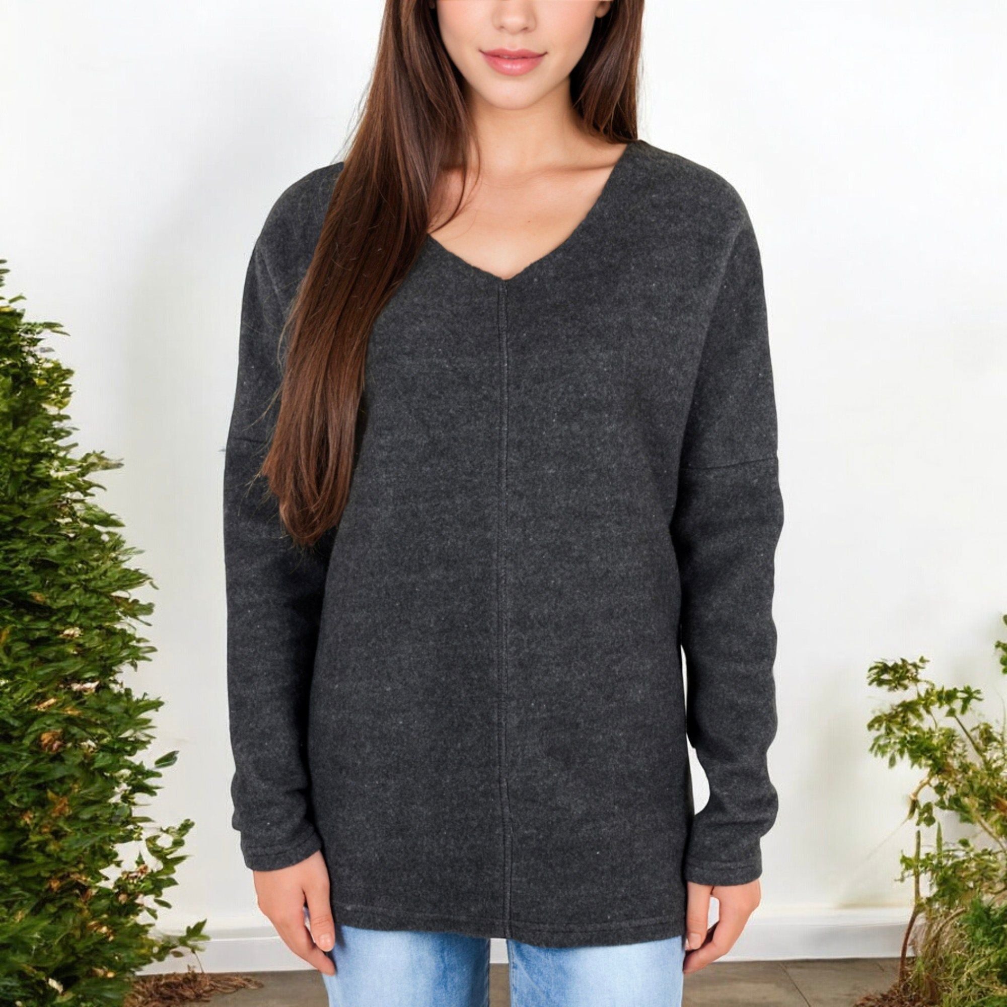 Anna-Kaci Women's Long Sleeve V-Neck Tunic Sweater with Seam Detail