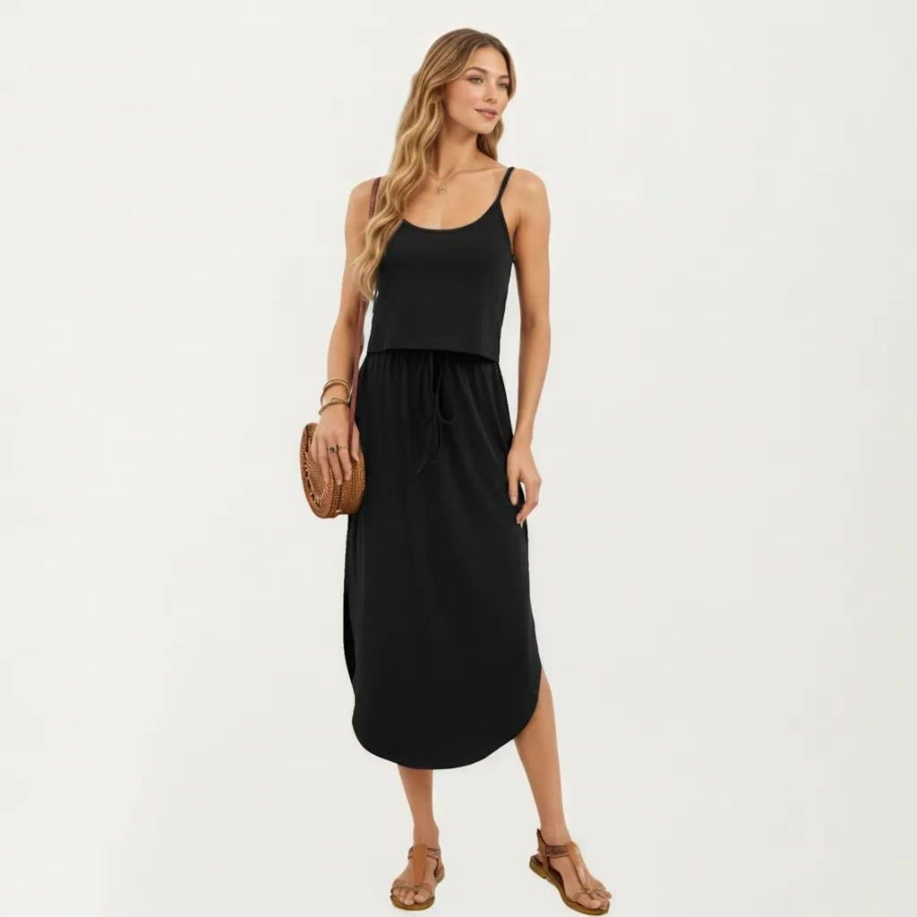 Anna-Kaci Women's Sleeveless Midi Dress with Spaghetti Straps and Adjustable Drawstring Waist Relaxed Fit Silhouette