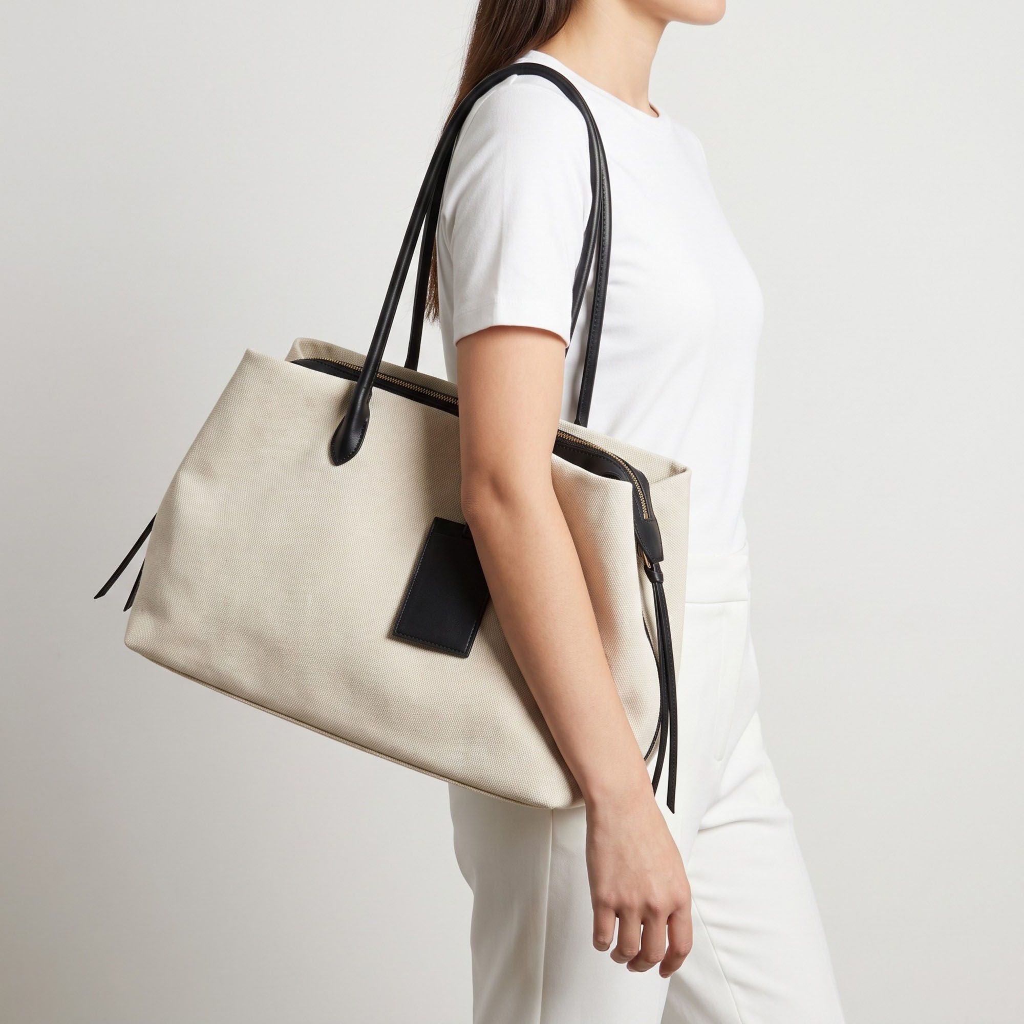 Large Textured Tote Bag with Double Handles and Zip Closure