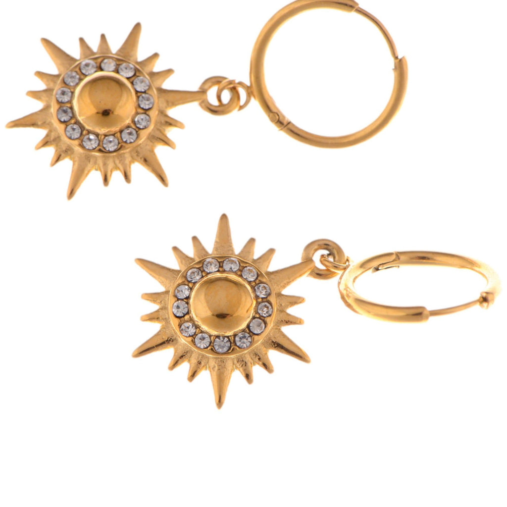 Gold Tone Sunburst Dangle Fashion Earrings with Rhinestone Accents