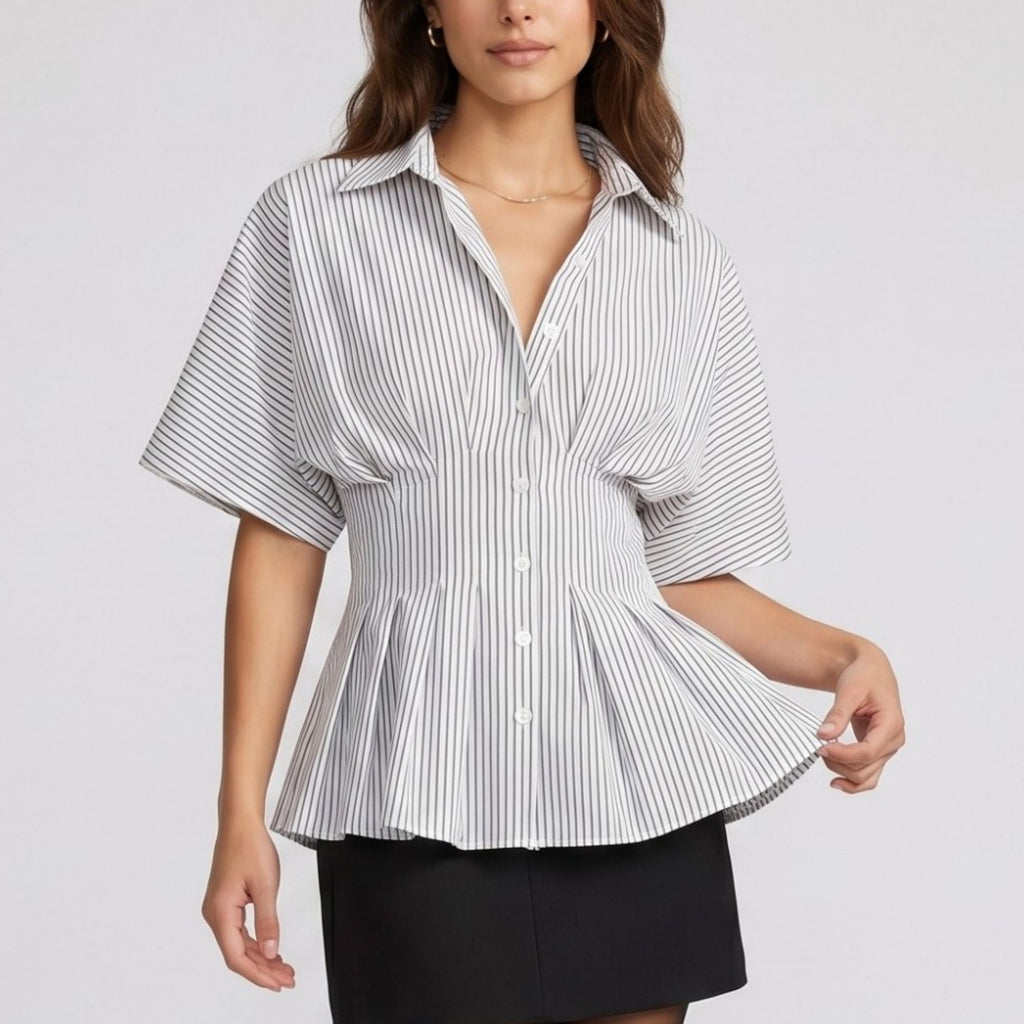 Anna-Kaci Women's Striped Button Front Peplum Blouse with Collared Neck and Pleated Hem