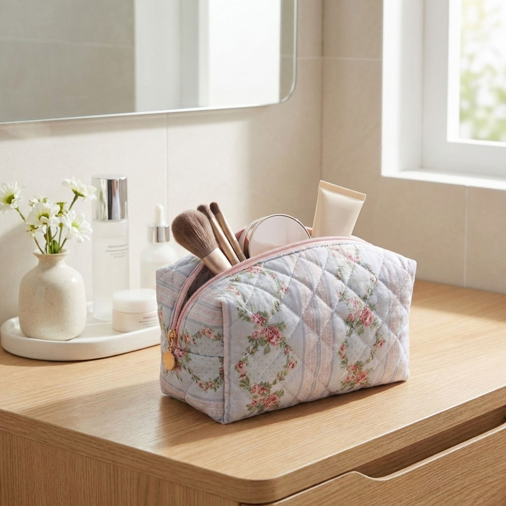 Floral Quilted Makeup Bag Travel Cosmetic Toiletry Pouch with Zipper Closure