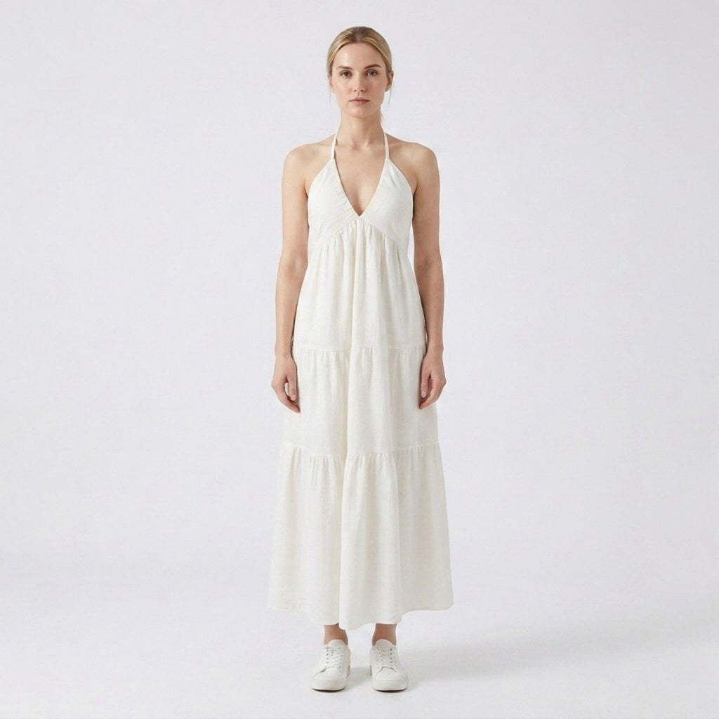 Anna-Kaci Womens Halter Neck Tiered Maxi Dress with Tie Straps Open Back Detail and Flowy A Line Skirt