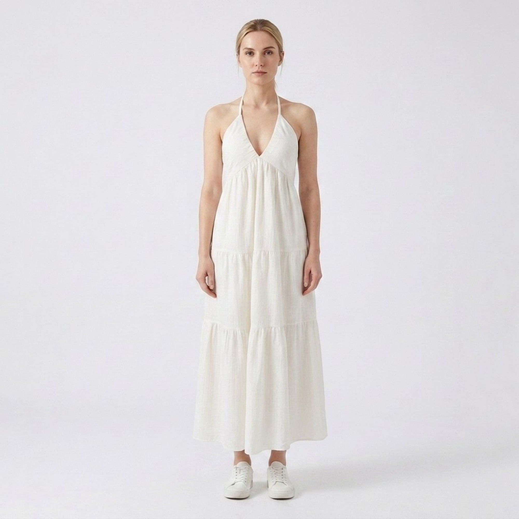 Anna-Kaci Womens Halter Neck Tiered Maxi Dress with Tie Straps Open Back Detail and Flowy A Line Skirt