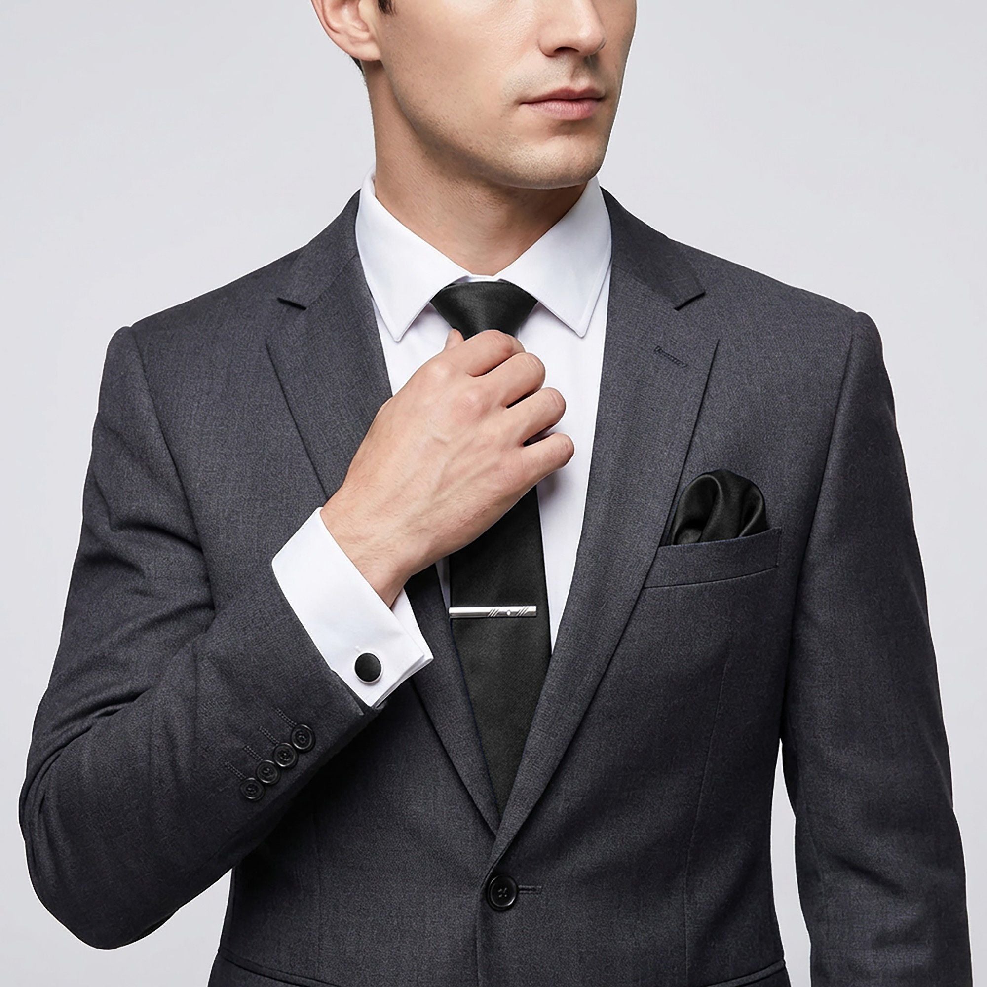 Men's Solid Textured Tie Gift Set Necktie Pocket Square Cufflinks Tie Clip Formal Accessory Set