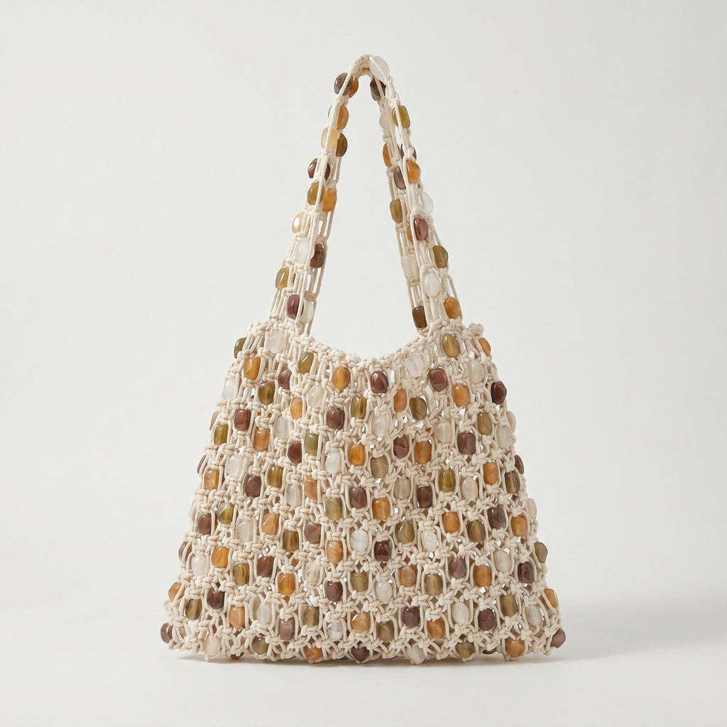 Beaded Shoulder Bag with Open Macrame Design and Double Strap