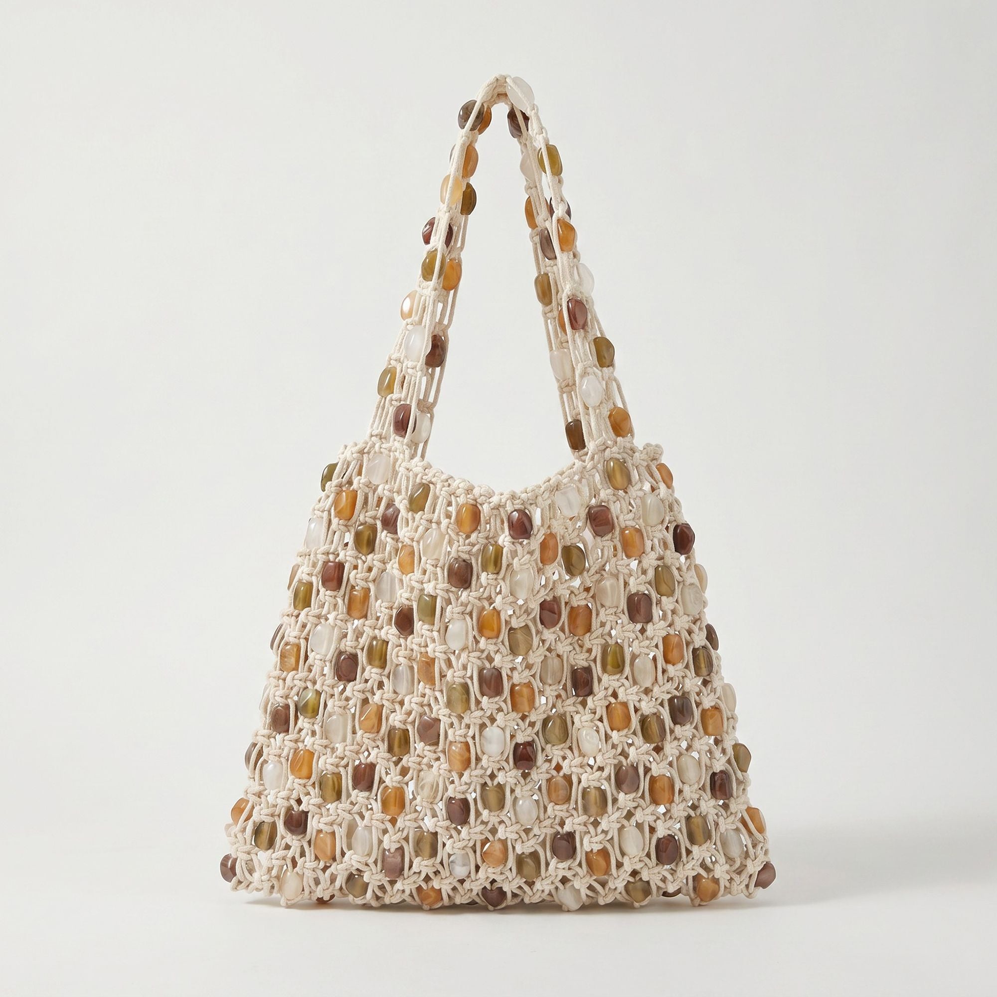 Beaded Shoulder Bag with Open Macrame Design and Double Strap
