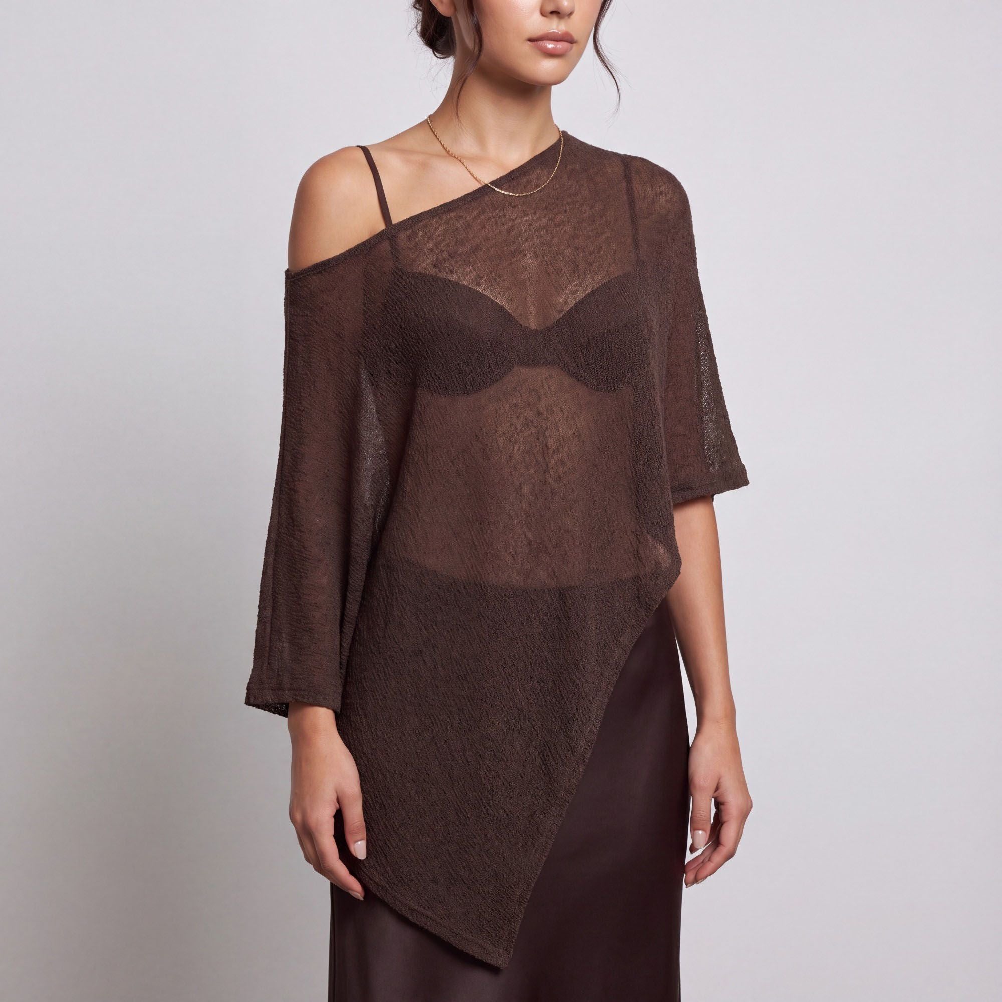 Sheer Open Knit Asymmetrical Poncho Top with One Shoulder Neckline, Draped Sleeve and Pointed Hem